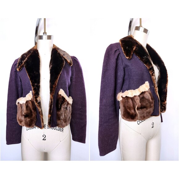 Vintage Wool & Fur Cropped Jacket Blazer Fall Winter Jacket with Fur Collar XS S - Picture 1 of 10